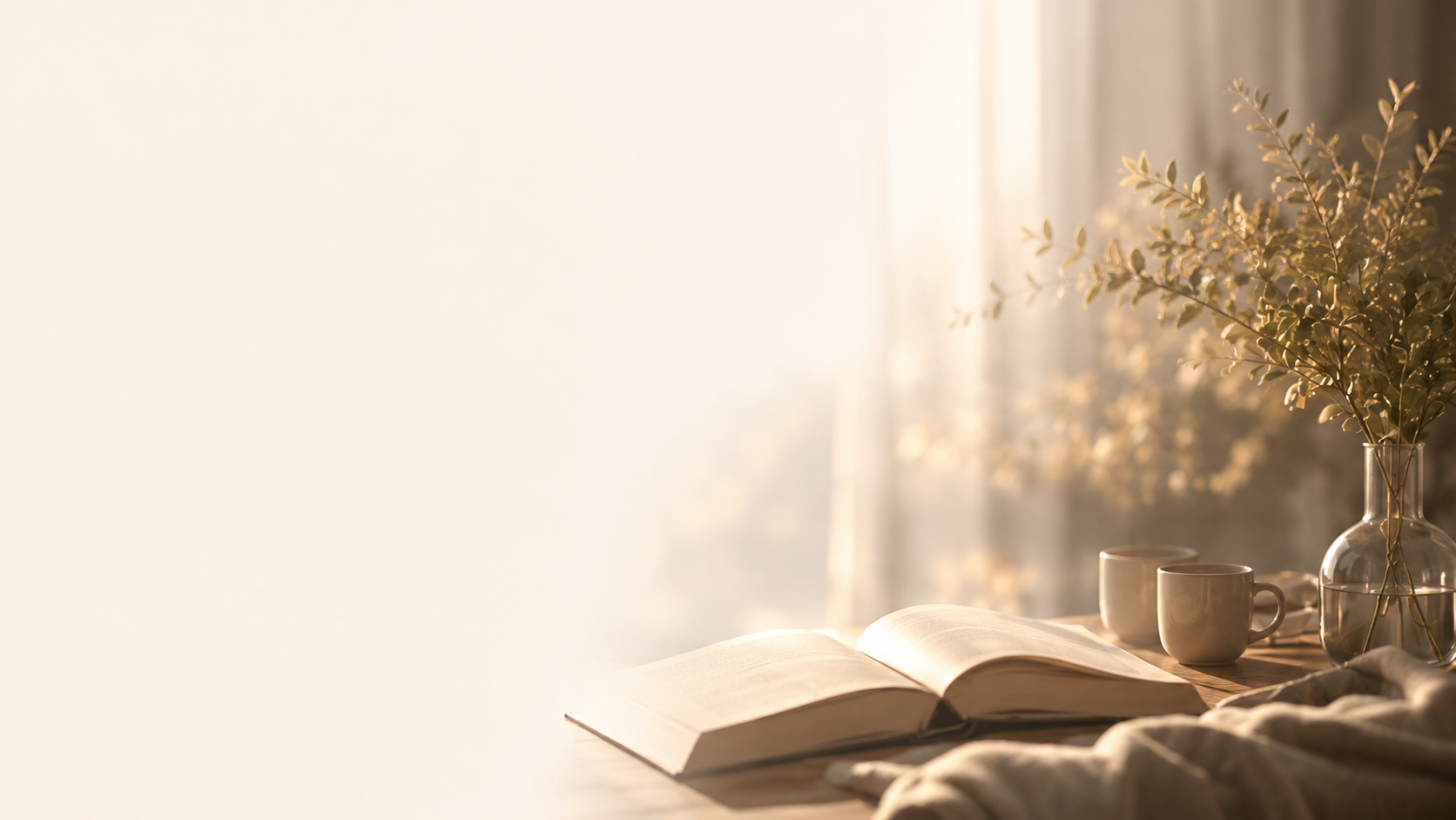 Rincón de lectura bañado por una luz cálida, con un libro abierto, una taza y ramas en un jarrón